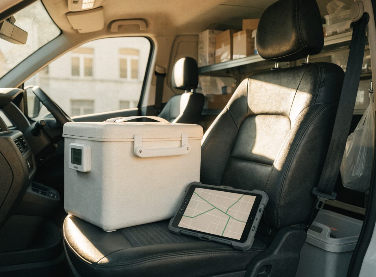 Inside a courier vehicle, an insulated specimen cooler with a temperature display sits on the seat beside a tablet showing the route